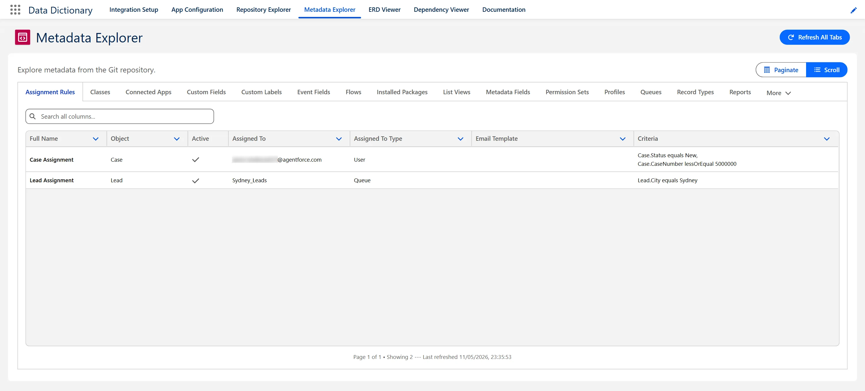 The Metadata Explorer: a tab for each metadata type, and the assignment rules table open below.